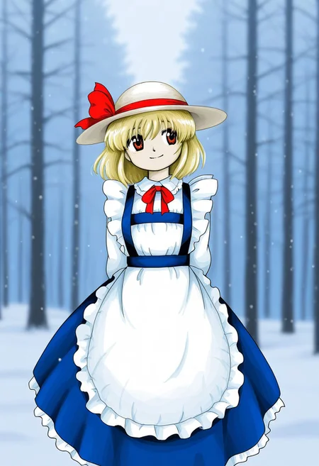 watercolor, aesthetic, colorful, jaggy lines, zun \(style\), BREAK, 1girl, solo, (Kana Anaberal), standing, smile, hands behind back, outdoors, winter forest, blurry background,