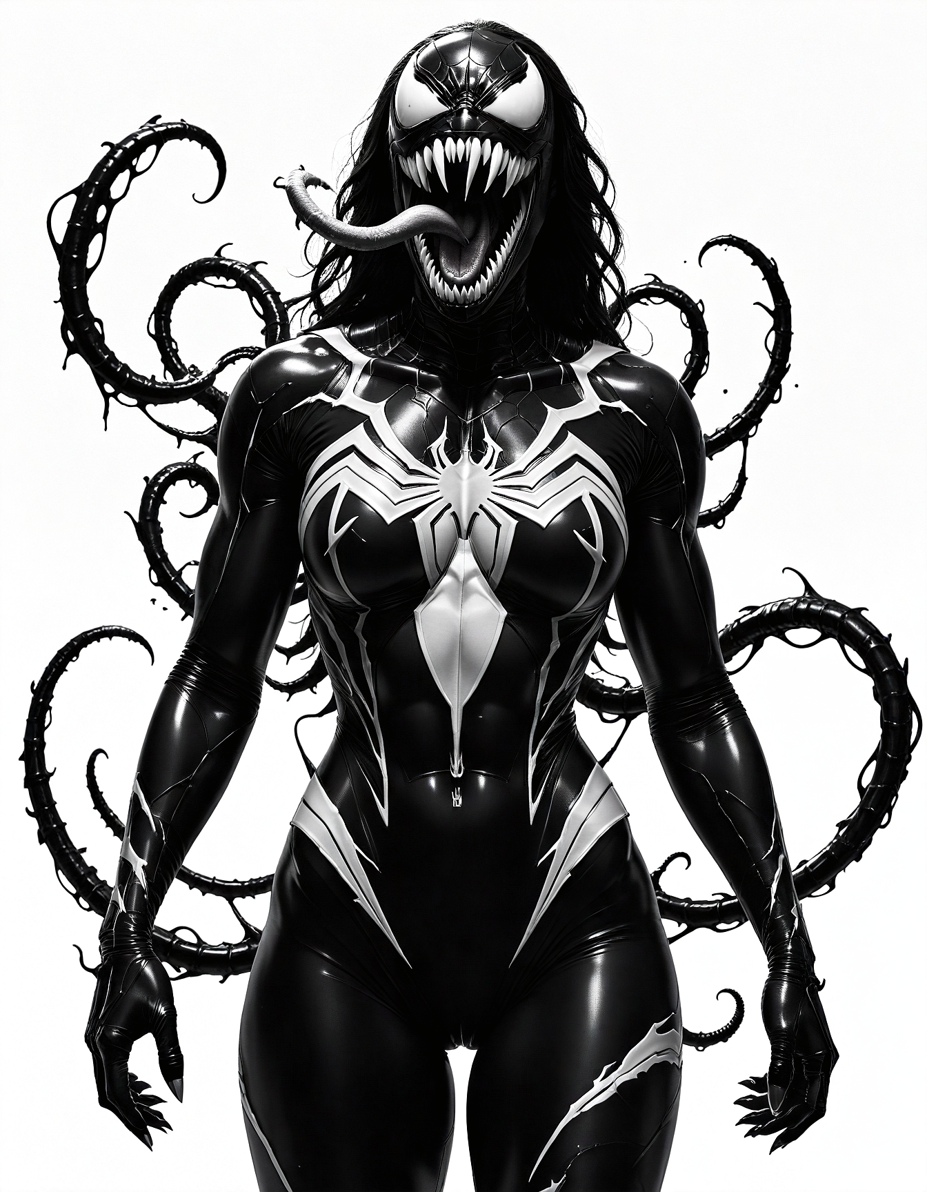 architectural style a female venom symbiont, athletic, Venom symbiont alien debris fangs monster open mouth saliva sharp teeth, Hyperrealism, black spiderman suit, venomized. sexy pose, seductive,Silhouette style High contrast minimalistic black and white stark dramatic,Photo by Hasselblad X1D-50c with 18-55mm STM lens ultra intricate details and textures 16k maximum resolution possible 600dpi,Aleksander Gierymski,dramatic lighting,fantasy,Black lighting,depth of field, highly detailed,Psychedelic style Vibrant colors,style by Luis Royo,extremely hyper aesthetic, artstyle by Randy Schueller a masterpiece of photography and digital art. Style: realistic hyper-detailed rendering, 32k UHD, graphic design. Exuding confidence and serenity. octane render, highly detailed, volumetric, dramatic lighting . clean lines, geometric shapes, minimalist, modern, architectural drawing, highly detailed