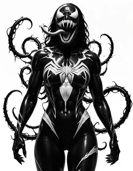 architectural style a female venom symbiont, athletic, Venom symbiont alien debris fangs monster open mouth saliva sharp teeth, Hyperrealism, black spiderman suit, venomized. sexy pose, seductive,Silhouette style High contrast minimalistic black and white stark dramatic,Photo by Hasselblad X1D-50c with 18-55mm STM lens ultra intricate details and textures 16k maximum resolution possible 600dpi,Aleksander Gierymski,dramatic lighting,fantasy,Black lighting,depth of field, highly detailed,Psychedelic style Vibrant colors,style by Luis Royo,extremely hyper aesthetic, artstyle by Randy Schueller a masterpiece of photography and digital art. Style: realistic hyper-detailed rendering, 32k UHD, graphic design. Exuding confidence and serenity. octane render, highly detailed, volumetric, dramatic lighting . clean lines, geometric shapes, minimalist, modern, architectural drawing, highly detailed