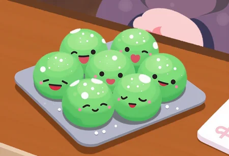 pikaole of a plate of happy green mochi balls with cute simple faces, they are giggling and smiling, some are blushing, they have powdered white sugar sprinkled on them, they are on a square porcelain plate on a wooden table in a japanese restaurant