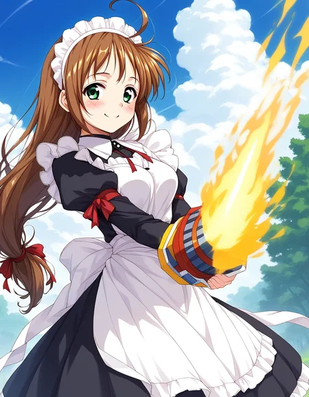 score_9, score_8_up, score_7_up, source_anime, rating_explicit, BREAK <lora:Spiral_Nami_Ver2.0_XL:1> Spiral_Nami_drill, brown hair, green eyes, maid headdress, ahoge, low-tied long hair, maid, medium breasts,
smile, apron, sky, cloud, day, outdoors, blush, looking at viewer, holding, ribbon, long sleeves, red ribbon, bow
outdoor, sky, spark, aura,
