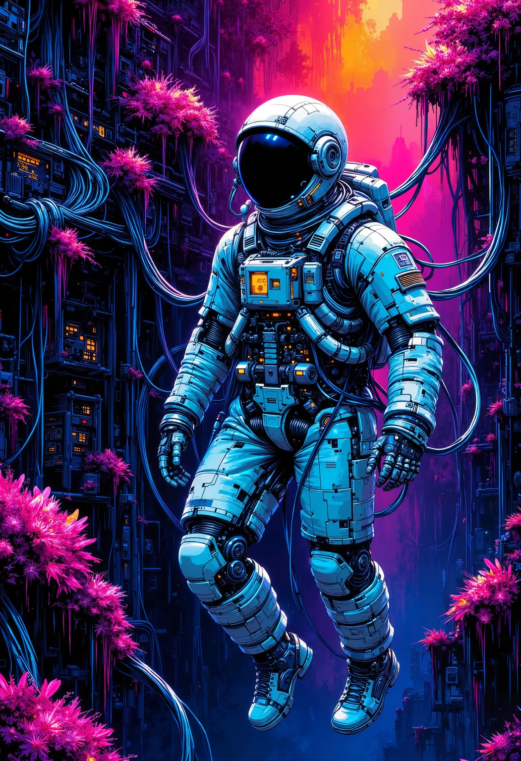 A fantastic art splash in the style bo-cyborgsplash, Cyborg astronaut in deep space, entangled in translucent glowing cables, floating near an overgrown space station covered in neon moss and blooming sakura, color explosion, glitch textures, cyberpunk style, dark sci-fi, luminous nebula.<lora:boFLUX Cyborgsplash.safetensors:1.0:1.0>