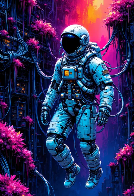 A fantastic art splash in the style bo-cyborgsplash, Cyborg astronaut in deep space, entangled in translucent glowing cables, floating near an overgrown space station covered in neon moss and blooming sakura, color explosion, glitch textures, cyberpunk style, dark sci-fi, luminous nebula.<lora:boFLUX Cyborgsplash.safetensors:1.0:1.0>