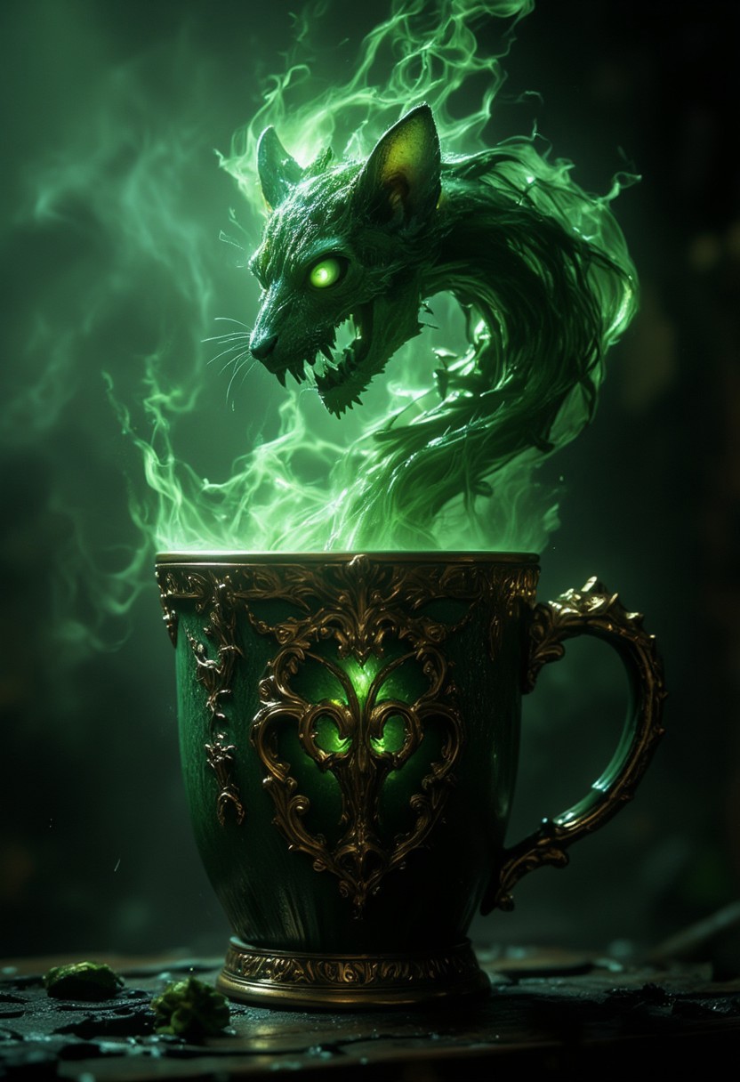 Abstract Lighting Effects, Hyperrealism, Midjourney Style, Photorealism, Cinematic, High Fidelity, Realism, Light Play, chiaroscuro, play of shadow and light, a surreal and elegant image mouse a poisonous green soul mugs with gold accents, from which steam rises to form the detailed and graceful silhouette of a cat's skulls. The cat's flowing fur merges seamlessly into the steam, with green shades highlighting the strands. The background is a gloomy green tones, green color that enhances the contrast and elegance of the cup and steam. The overall atmosphere is gloomy.