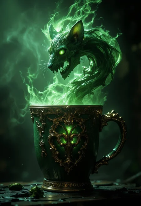 Abstract Lighting Effects, Hyperrealism, Midjourney Style, Photorealism, Cinematic, High Fidelity, Realism, Light Play, chiaroscuro, play of shadow and light, a surreal and elegant image mouse a poisonous green soul mugs with gold accents, from which steam rises to form the detailed and graceful silhouette of a cat's skulls. The cat's flowing fur merges seamlessly into the steam, with green shades highlighting the strands. The background is a gloomy green tones, green color that enhances the contrast and elegance of the cup and steam. The overall atmosphere is gloomy.