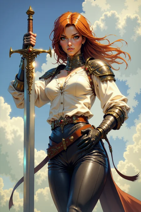 <lora:FANCHA_style:0.9> FANCHA style detailed digital illustration featuring a striking, confident warrior standing against a bright, open sky, exuding charisma and strength. Her long fiery-red tousled hair flows in voluminous waves, catching the light of the sun and cascading around her shoulders in fiery hues, contrasting beautifully with the soft blue and white tones of the background sky. Her piercing, pale blue eyes hold a gaze of both determination and allure, enhancing her (fierce yet attractive and smiley expression). She is clad in a hybrid of practical armor and elegant clothing that emphasizes her dual nature as both a fighter and a symbol of grace and beauty. A white, high-collared blouse with billowing sleeves is slightly undone at the chest, adding a hint of boldness to her otherwise polished appearance. Over this, she wears finely crafted plate armor that protects her shoulders and arms, adorned with intricate, gold-inlaid patterns shaped like swirling sigils, suggesting both her status and skill. Her leather gloves are sturdy, well-worn, and practical. Her lower attire consists of form-fitting dark leather trousers accentuating her slender hips, and secured with a wide, ornate belt featuring metallic clasps and buckles. The trousers seamlessly transition into thigh-high leather boots reinforced with sleek, engraved metal greaves, balancing mobility with protection. The sheen of her mirror-like armor catches the sunlight, creating a dynamic interplay of textures that emphasizes her as the centerpiece of the composition. The warrior leans casually against a tall, elegant sword, which is planted firmly into the ground. The sword's hilt is ornate, featuring gold accents and a finely detailed cross-guard shaped like wings. The blade itself shines, perfectly polished to a mirror-like finish, hinting at its role as both a weapon and a symbol of her authority. Her gloved hand rests confidently on the swordâs pommel, reinforcing her commanding yet elegant presence. The background is composed of a vast, open sky, dotted with soft intricate clouds that frame her slender figure and create a sense of immensity and freedom. The bright, natural lighting accentuates the warm tones of her hair and the metallic gleam of her armor, contrasting gently with the cool blues of the sky. The composition is heroic and empowering, capturing her as a proud and capable warrior who commands respect and admiration.