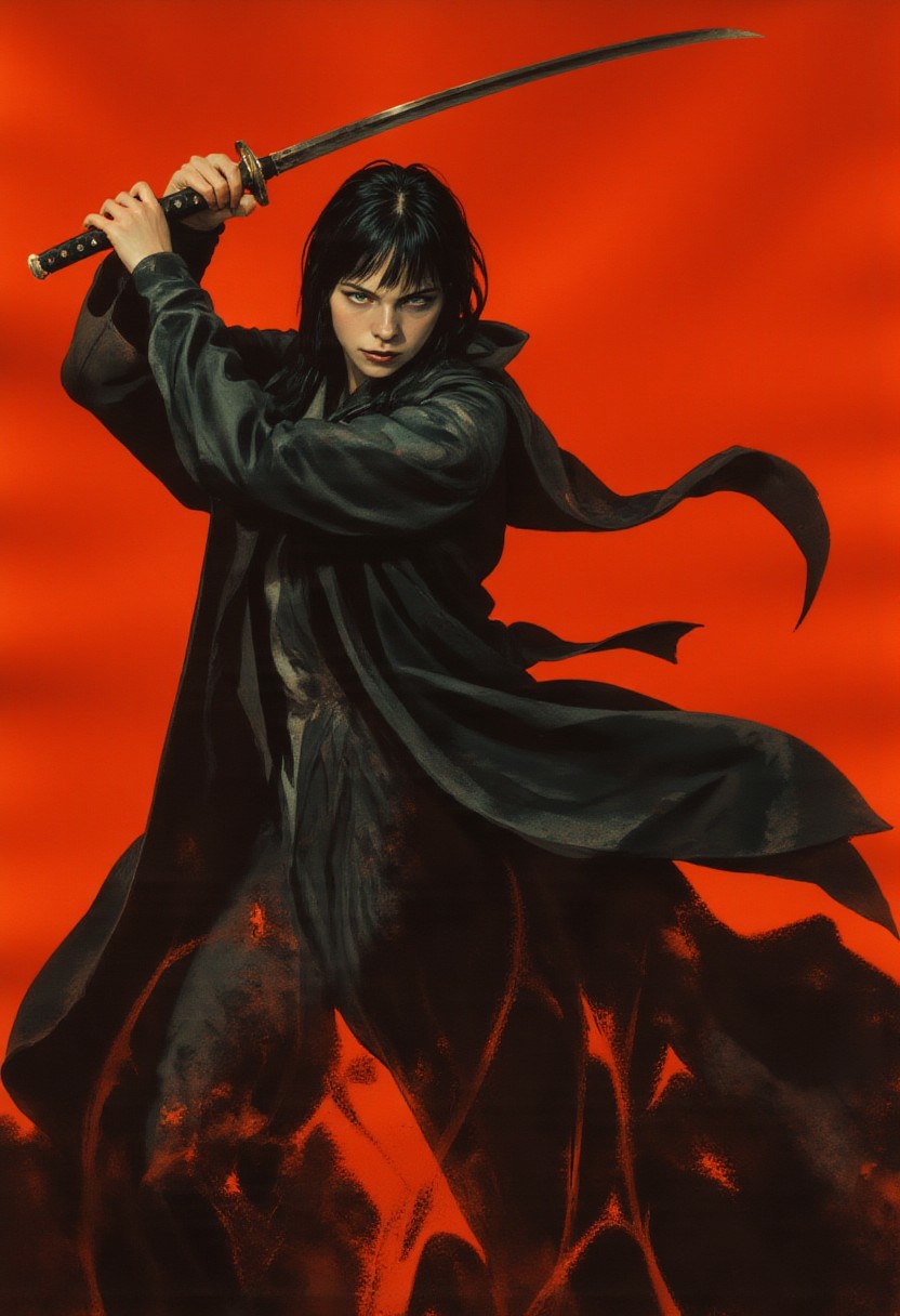 A hyper-detailed, full-body digital illustration in the style of cksc, depicting JunjiIto.hanna, an eerie girl with long, dark bangs and an intense, vacant expression. Her half-closed eyes, devoid of pupils, lock hauntingly onto the viewer. She wears a traditional Japanese school uniform beneath an oversized dark overcoat, the heavy fabric shifting as she draws a katana in a fluid, frozen moment. The blade releases sharp arcs of dark crimson splashes, darker than the surrounding background, each streak rendered with intricate, lifelike textures. The blood appears thick and heavy, deep red at its core, fading into a vivid, darker red at the edges, creating a surreal yet hyper-realistic sense of motion. Small droplets scatter in chaotic patterns, enhancing the impact of her lethal swing. Captured from a high-angle perspective, the illustration accentuates her presence, making her appear both diminutive and overwhelmingly ominous. The crimson background contrasts starkly with the dark fluid arcs, amplifying the intense, eerie atmosphere. The unsettling balance of stillness and movement creates a surreal, dramatic moment, blending horror and dark fantasy into a visually striking composition.
