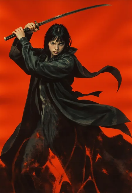 A hyper-detailed, full-body digital illustration in the style of cksc, depicting JunjiIto.hanna, an eerie girl with long, dark bangs and an intense, vacant expression. Her half-closed eyes, devoid of pupils, lock hauntingly onto the viewer. She wears a traditional Japanese school uniform beneath an oversized dark overcoat, the heavy fabric shifting as she draws a katana in a fluid, frozen moment. The blade releases sharp arcs of dark crimson splashes, darker than the surrounding background, each streak rendered with intricate, lifelike textures. The blood appears thick and heavy, deep red at its core, fading into a vivid, darker red at the edges, creating a surreal yet hyper-realistic sense of motion. Small droplets scatter in chaotic patterns, enhancing the impact of her lethal swing. Captured from a high-angle perspective, the illustration accentuates her presence, making her appear both diminutive and overwhelmingly ominous. The crimson background contrasts starkly with the dark fluid arcs, amplifying the intense, eerie atmosphere. The unsettling balance of stillness and movement creates a surreal, dramatic moment, blending horror and dark fantasy into a visually striking composition.