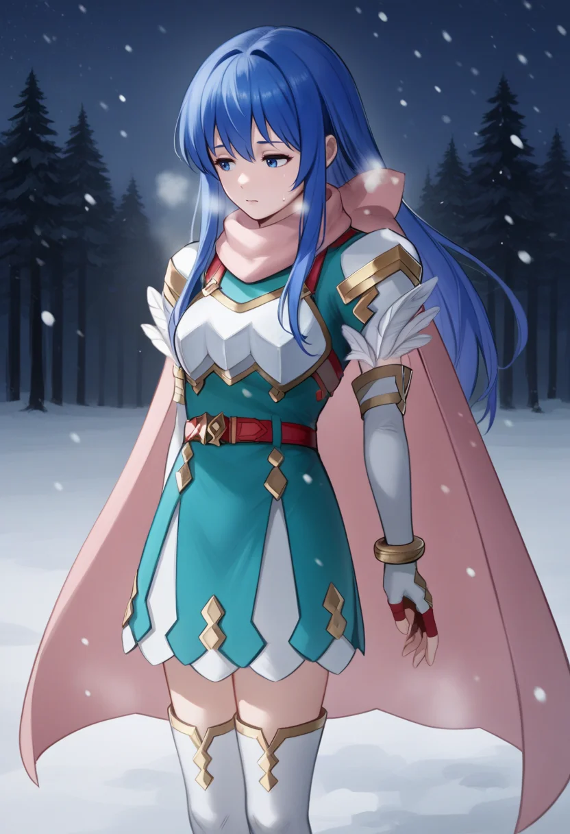 score_9, score_8_up, score_7_up, source_anime BREAK 1girl, solo, <lora:caeda-fe-richy-v1_pdxl:1> caedarsp, blue eyes, blue hair, long hair, bangs, pink scarf, shoulder armor, chestpiece, teal dress, white gloves, elbow gloves, fingerless gloves, bracelet, multiple belts, red belt, pink cape, white thighhighs, white boots, feather trim, winter, standing, cold, snow, ice, night, night sky, forest, snowing, looking to the side, half-closed eyes