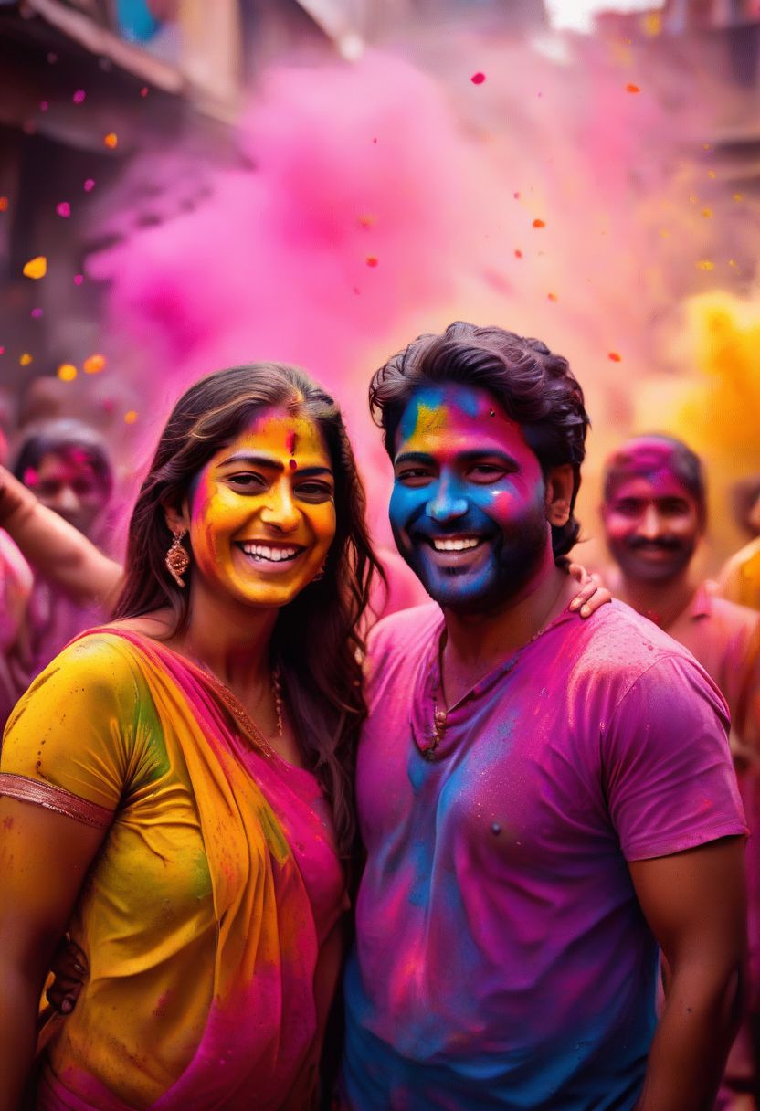 (RAW, Analog Color Photo, full body in frame, face in frame, night photography), Holi_Style_SDXL, Multicolor Smoke, Multicolor Paint, Multicolor Powder, (((Holi Festival in the Clouds with a big color explosion, colored powder on body, wet colors))), A young couple from India in enjoying the color festival at home, 1woman. 1man