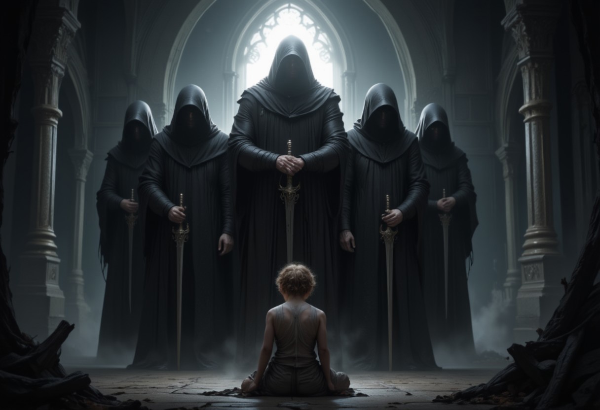 Image is a dark, atmospheric digital artwork featuring a group of five hooded figures standing in a semi-circle. Each figure is clad in long, flowing black robes, obscuring their facial features entirely. They hold large, ornate swords pointed downward, with intricate designs on the hilts. The central figure is slightly elevated, with a glowing halo-like light emanating from behind its head, creating a focal point. In the foreground, a lone figure, possibly a child, is seated on the ground, draped in tattered clothing, with curly hair visible. The background is a misty, gothic archway, adding to the ominous and mysterious ambiance. The overall color scheme is monochromatic, with shades of black, white, and gray, enhancing the eerie and somber mood of the scene.