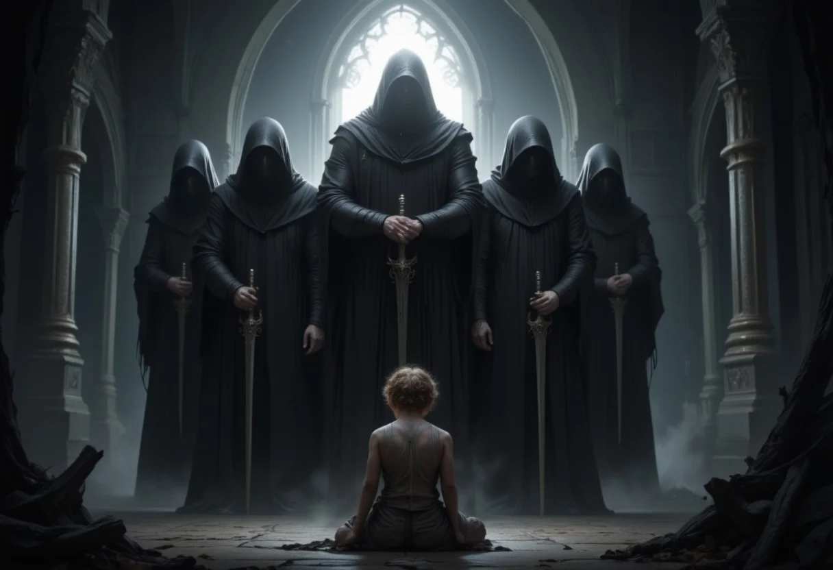 Image is a dark, atmospheric digital artwork featuring a group of five hooded figures standing in a semi-circle. Each figure is clad in long, flowing black robes, obscuring their facial features entirely. They hold large, ornate swords pointed downward, with intricate designs on the hilts. The central figure is slightly elevated, with a glowing halo-like light emanating from behind its head, creating a focal point. In the foreground, a lone figure, possibly a child, is seated on the ground, draped in tattered clothing, with curly hair visible. The background is a misty, gothic archway, adding to the ominous and mysterious ambiance. The overall color scheme is monochromatic, with shades of black, white, and gray, enhancing the eerie and somber mood of the scene.