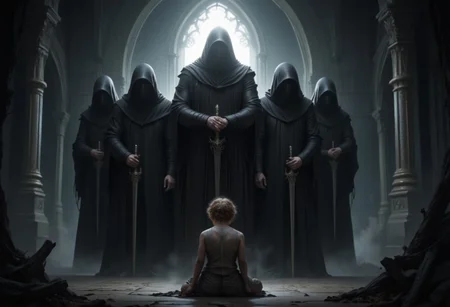 Image is a dark, atmospheric digital artwork featuring a group of five hooded figures standing in a semi-circle. Each figure is clad in long, flowing black robes, obscuring their facial features entirely. They hold large, ornate swords pointed downward, with intricate designs on the hilts. The central figure is slightly elevated, with a glowing halo-like light emanating from behind its head, creating a focal point. In the foreground, a lone figure, possibly a child, is seated on the ground, draped in tattered clothing, with curly hair visible. The background is a misty, gothic archway, adding to the ominous and mysterious ambiance. The overall color scheme is monochromatic, with shades of black, white, and gray, enhancing the eerie and somber mood of the scene.