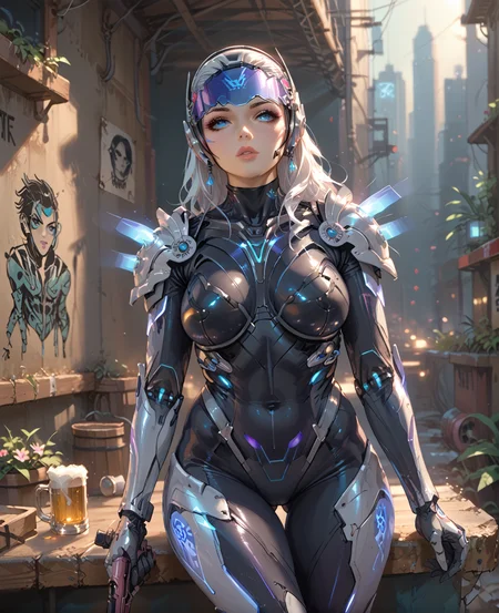 PonyScores7, source_anime, ah1, <lora:natsumi_style:0.5>, BREAK 1girl, lips, (looking up), (Bending down to touch a plant or flower, showing care and connection with nature,), (a grungy dive bar, hidden in the back alleys of the city, adorned with graffiti-covered walls, punk band posters, and dim lighting, Patrons sit on worn-out stools at the bar or in tattered booths surrounded by punk memorabilia, while bartenders with colorful mohawks serve up ice-cold beers and shots of whiskey), looking at viewer, (curvy), round-chin, caucasian, (downturned eyes:1.2), (plump face), (plump), thick thighs, wide hips, busty, voluptuous, kinky curls, lips, <lora:venus body PonyXL:0.4>,( <lora:Siren_-_Sirens_Song_COD_Mobile:0.5> SirenSongCODM, futuristic armor, glowing blue and purple lights, white hair, visor, silver metallic plating, cybernetic design, sleek futuristic gloves, sharp shoulder pads, breasts, weapon, black pattern armor, thigh gap, gun, helmet, armor, holding weapon, bodysuit, blue eyes, white plating armor), BREAK <lora:xl_more_art-full_v1:0.2>, <lora:shinyskin2:0.2> glistening skin, <lora:aesthetic_anime_v1s:0.2>, <lora:Expressive_H:0.2> Expressiveh, <lora:hairdetailpxl:0.2> hairdetailpxl, <lora:EpicF4nta5yXL:0.2>, <lora:detailxl:0.2> detailxl, <lora:Fant5yP0ny:0.2>, best quality, amazing quality, best aesthetic, absurdres, <lora:expressive eyes:0.2> expressive eyes, <lora:eyedetailpxl:0.2> eyedetailpxl, illustration, Volumetric_Lighting, ultra-detailed, very aesthetic, intricate details, 8k, masterpiece, best_quality, BREAK (telephoto shot), BREAK <lora:Eyes_High_Definition:0.3> EyesHD, Stable_Yogis_PDXL_Positives, AS-Adult, <lora:Complicated fantasy portrait - XL Pony V2.0:0.4>, bad-hands-5,