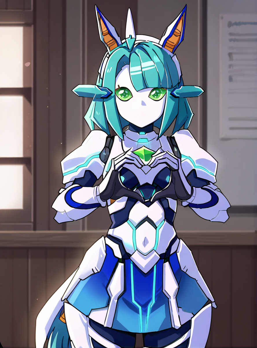 score_9, score_8_up, score_7_up, score_6_up, source_anime, anime screencap, uncensored , <lora:MechaMusumeST2:1>mechamusume, 1girl, green eyes, robot, android, mechanical ears, breasts, animal ears, green hair, blue hair, no mouth, humanoid robot, tail, bangs, robot joints, horse ears standing thick thighs,  looking at viewer,  solo,indoors heart hands,
