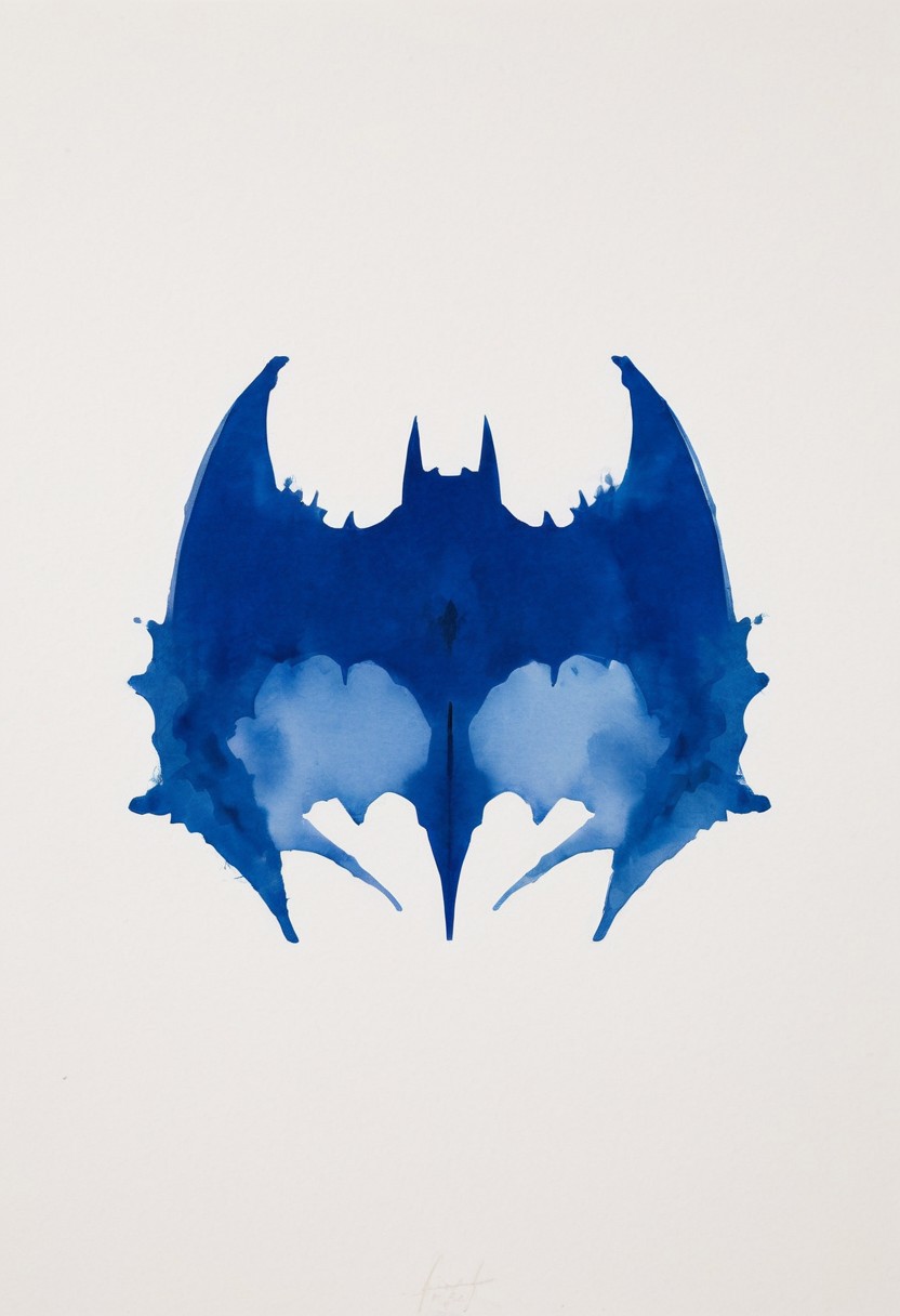 A rorschach-test resembling batmans Mask, symmetrical, dark-Blue and Grey ink,