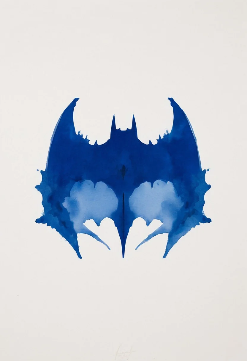 A rorschach-test resembling batmans Mask, symmetrical, dark-Blue and Grey ink,