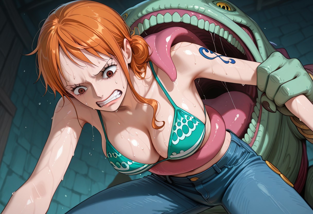 girl all fours, girl cowboy shot, Monster on her side, 1girl, 1monster, monster open his mouth wide, monster's mouth is open, monster's tongue, pink tongue's wrap around her body, monster's tongue's wrap under arms, giant monster's tongue, monster's tongue_under_clothes, monster's tongue around her body, under clothes, under_clothes, monster, ugly monster background, girl foreground, 1girl, nami(one piece), (girl clothes:(bikini top only, denim pants, jewelry), girl all fours stance, girl all fours position, (girl expression:(terrified, clenched teeth, scared, girl looking down, girl starring down), score_9, score_8_up, score_7_up, sweat girl, highly detailed, high contrast, sweaty skin,