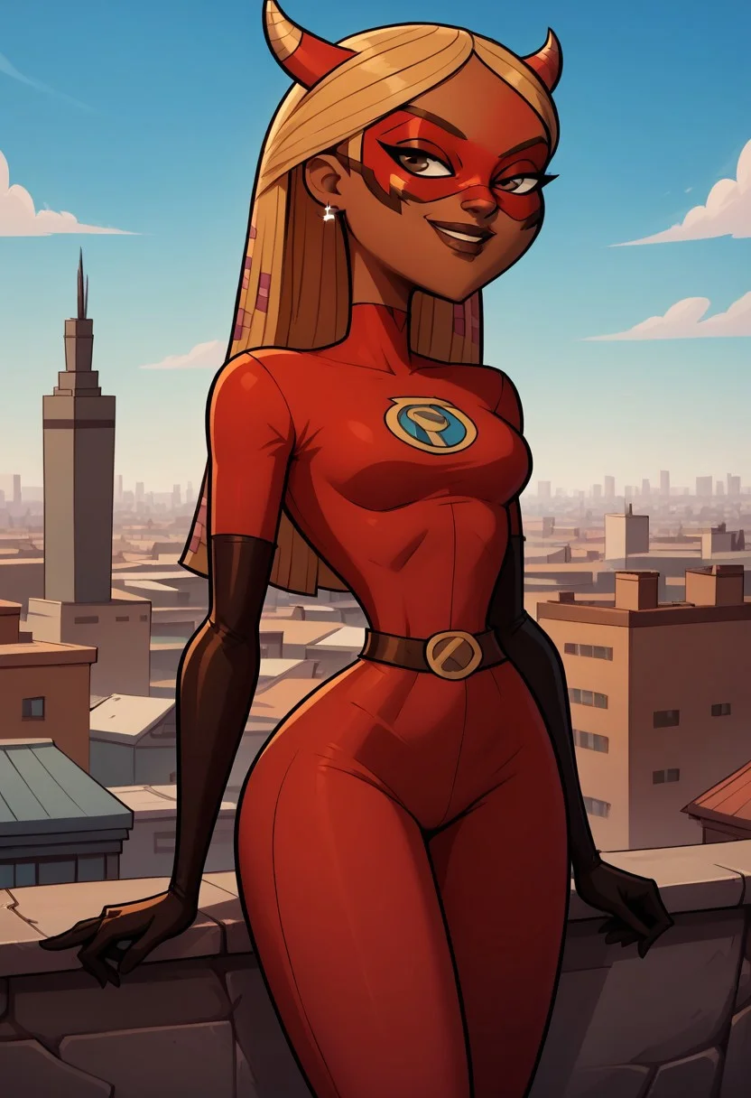 score_9, score_8, BREAK, solo, dark blonde hair, brown eyes, brown lips, lipstick, earrings, dark skin, total drama, Nichelle_(Total_Drama), breasts, dark skin female, standing, smile, outdoors, city, rooftop, blue sky, daytime, good weather, mask, red bodysuit, domino mask, elbow gloves, horns, skin tight, rating:safe