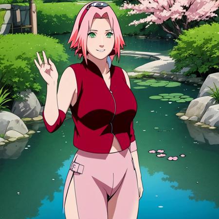 A hot and sexy full-body picture of Sakura Haruno standing by the pond and naughtily teasing the viewer by gesturing to come closer to her ; naughty teasing smile ; forehead mark and green eyes ; beautiful body and sexy breasts