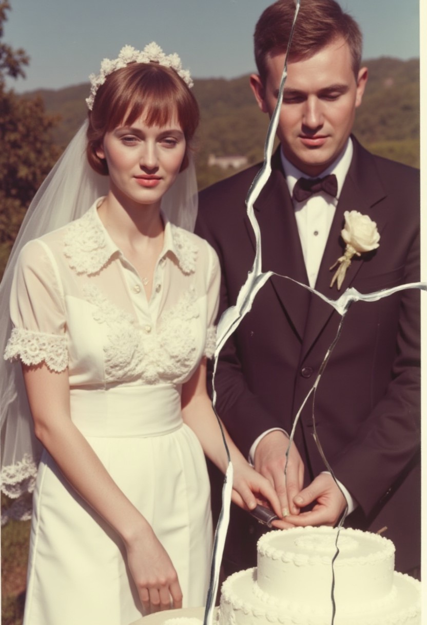 Vintage Experimental wedding day candid photo, spliced and rearranged in a jagged and broken pattern. A woman wearing a wedding dress, and white bridal shoes. A blue-collar man wearing a used tuxedo. Cutting the wedding cake, outdoors on a sunny day. Large cracks in the photo separates the bride and the groom. Faded colors and vintage aesthetics from the 1960s.