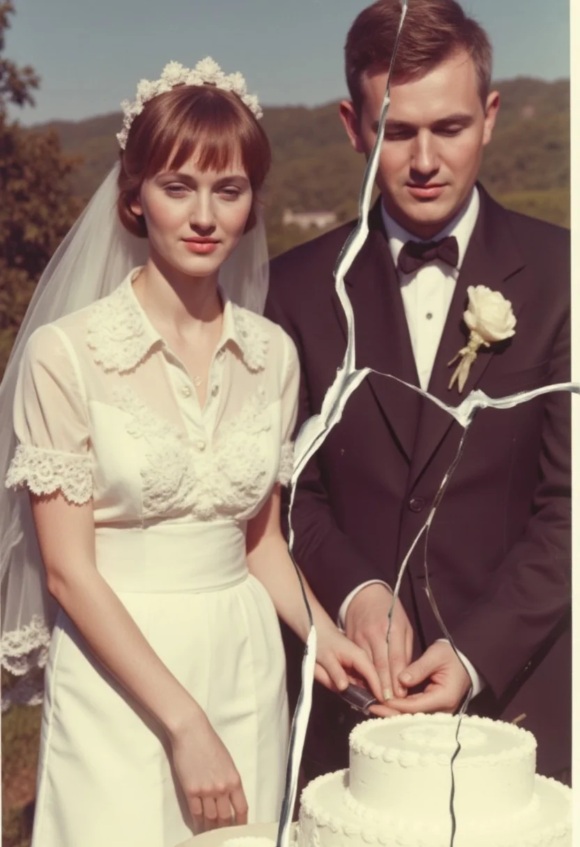 Vintage Experimental wedding day candid photo, spliced and rearranged in a jagged and broken pattern. A woman wearing a wedding dress, and white bridal shoes. A blue-collar man wearing a used tuxedo. Cutting the wedding cake, outdoors on a sunny day. Large cracks in the photo separates the bride and the groom. Faded colors and vintage aesthetics from the 1960s.
