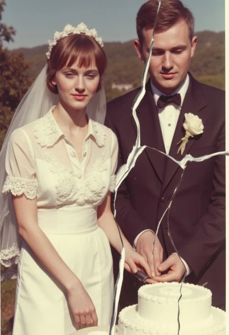 Vintage Experimental wedding day candid photo, spliced and rearranged in a jagged and broken pattern. A woman wearing a wedding dress, and white bridal shoes. A blue-collar man wearing a used tuxedo. Cutting the wedding cake, outdoors on a sunny day. Large cracks in the photo separates the bride and the groom. Faded colors and vintage aesthetics from the 1960s.