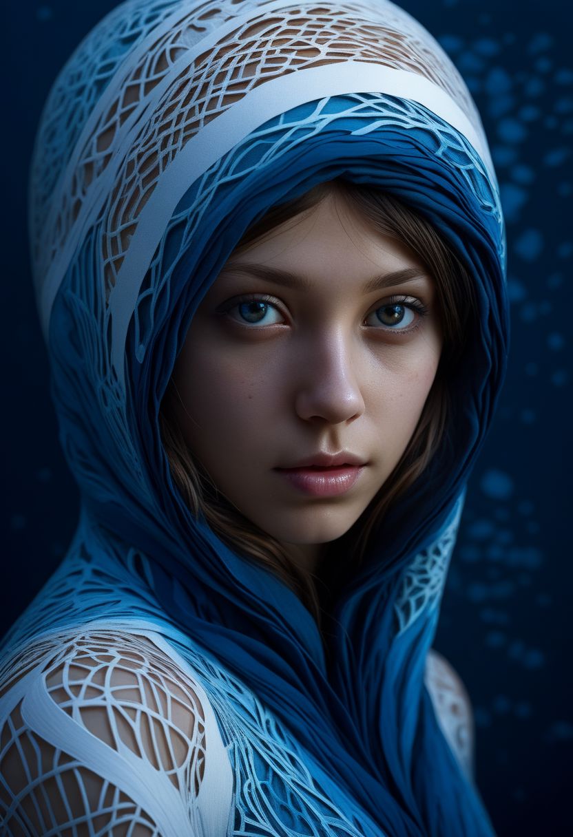 mysterious face, an exotic girl in artsy clothing, fading backlit background, (deep sea fading white to deep blue layered papercut background), alluring goddess, by Minjae Lee, Carne Griffiths, Emily Kell, Steve McCurry, Geoffroy Thoorens, Aaron Horkey, Jordan Grimmer, Greg Rutkowski, amazing depth, double exposure, surreal, geometric patterns, intricately detailed, bokeh,  perfect balanced, deep fine borders, artistic photorealism , smooth,  great masterwork by Suiras  <lora:add-detail-xl:2>  <lora:Double_Exposure:0.5>