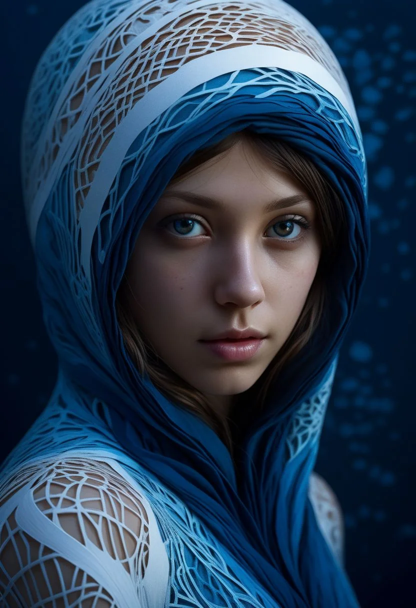 mysterious face, an exotic girl in artsy clothing, fading backlit background, (deep sea fading white to deep blue layered papercut background), alluring goddess, by Minjae Lee, Carne Griffiths, Emily Kell, Steve McCurry, Geoffroy Thoorens, Aaron Horkey, Jordan Grimmer, Greg Rutkowski, amazing depth, double exposure, surreal, geometric patterns, intricately detailed, bokeh, perfect balanced, deep fine borders, artistic photorealism , smooth, great masterwork by Suiras <lora:add-detail-xl:2> <lora:Double_Exposure:0.5>