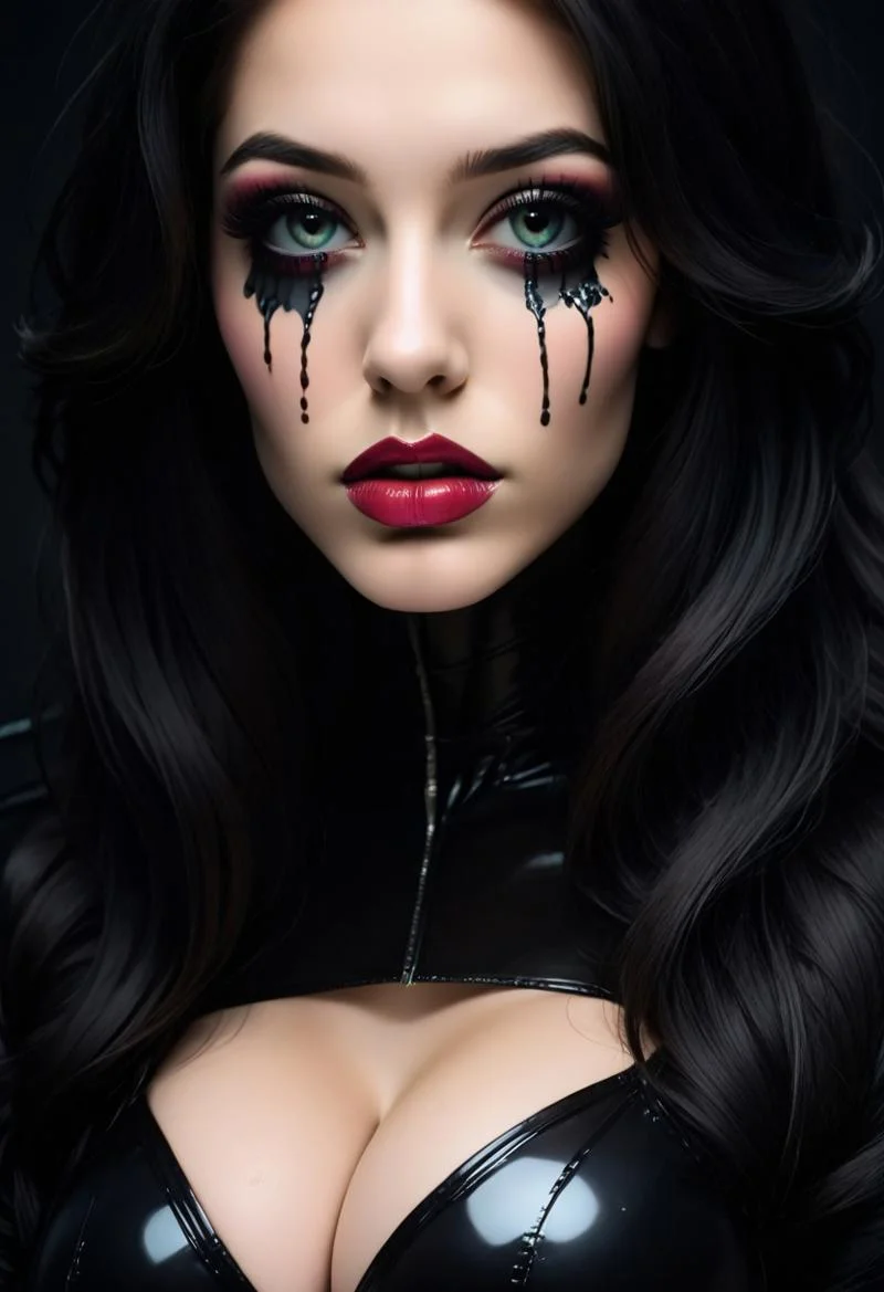 concept art, realistic, dark theme, low light. 1girl, solo, 18 years old.
Gorgeous sexy female. Beautiful feminine face, Long hair. ((TearsMakeUp)), latex tears.
(Big breast), (Round breast:1.2).