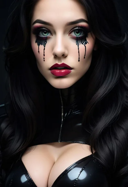 concept art, realistic, dark theme, low light. 1girl, solo, 18 years old.
Gorgeous sexy female. Beautiful feminine face, Long  hair. ((TearsMakeUp)), latex tears.
(Big breast), (Round breast:1.2).