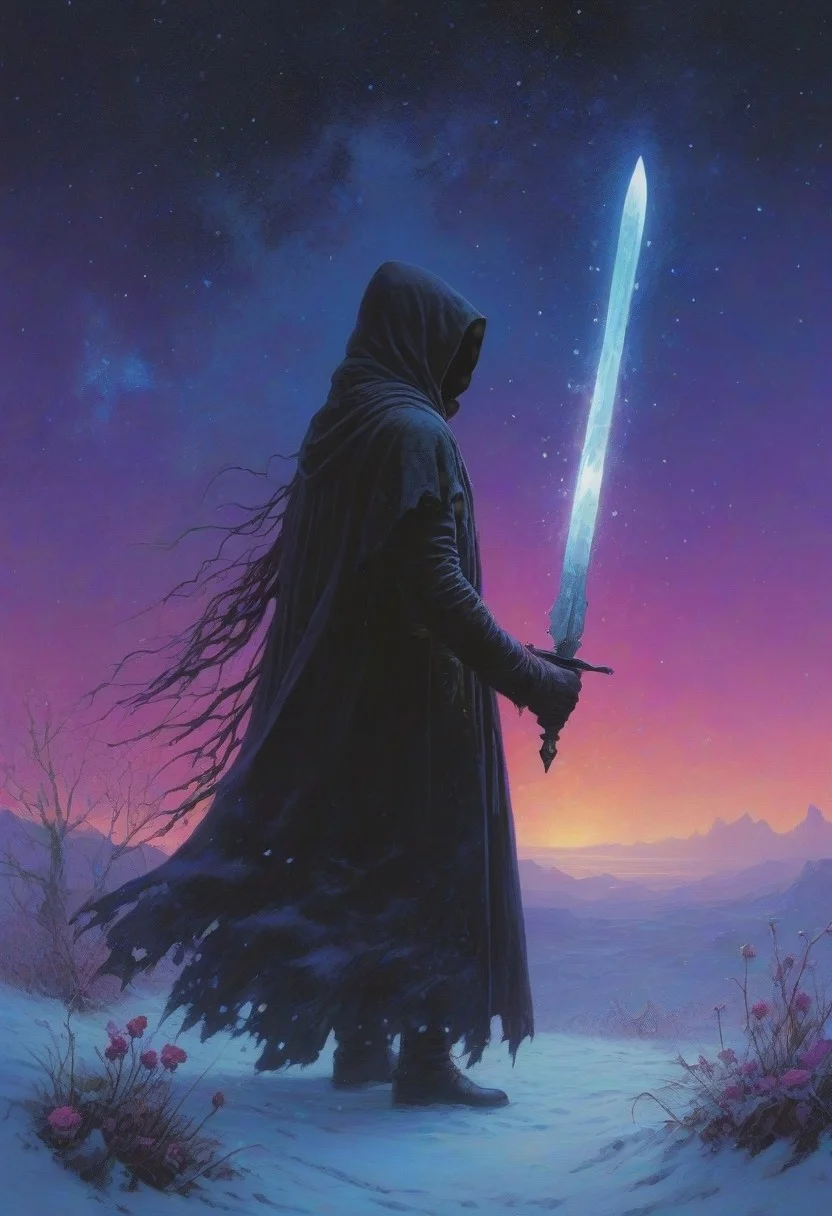 digital artwork by Beksinski, vibrant colors, epiCPhoto, masterpiece, retro style,
Twilight has spilled the ink,
The purple light has pinked the heavens,
And dimmed the diamonds of the stars,
And every flower lights up the stars,
And every shadow is armed with a dagger and a assassin's cloak
Feathery snow,
Silent snow,
shadow on wall
