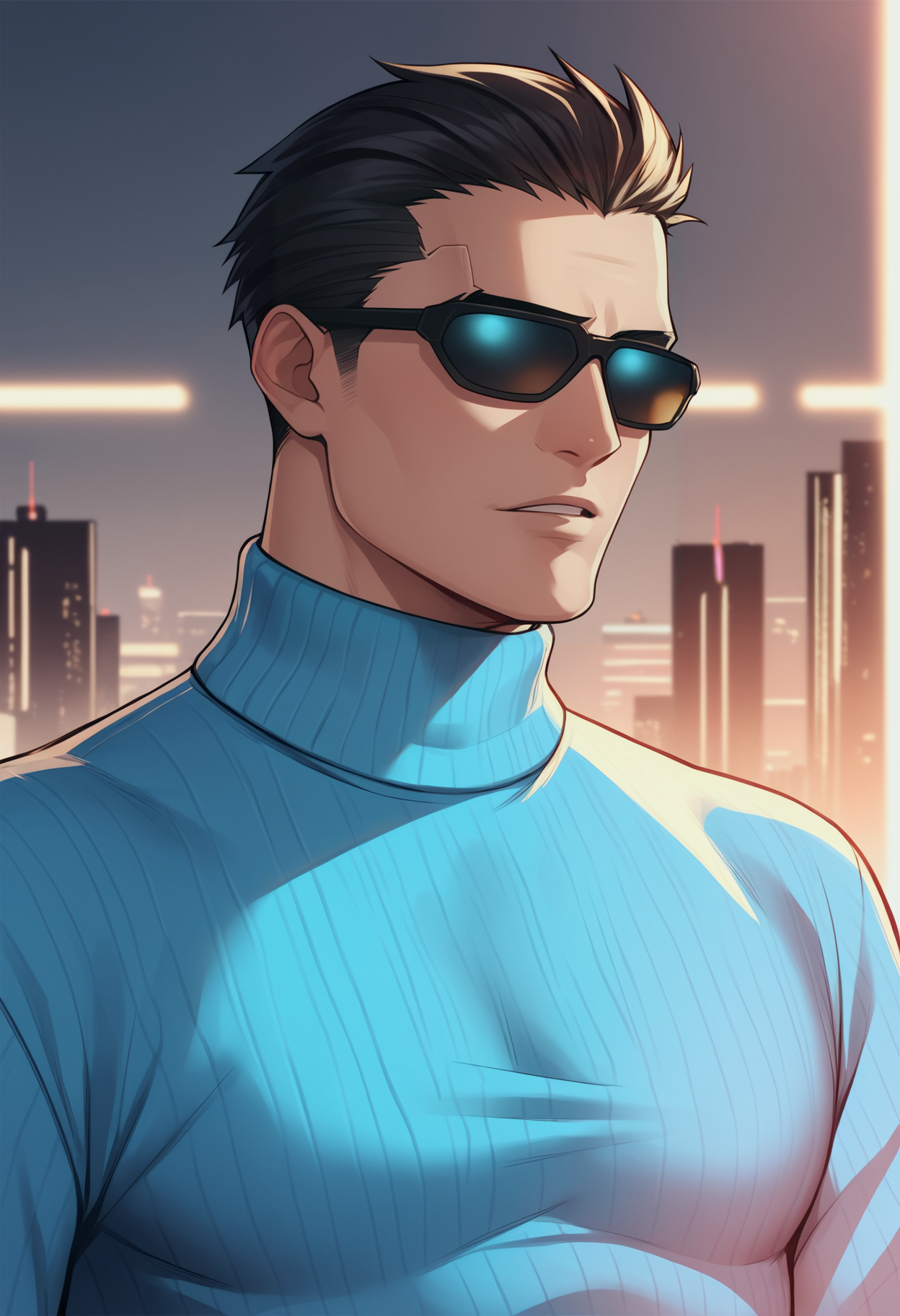 score_9, score_8_up, score_7_up, source_anime BREAK <lora:jcdenton-deusex-richy-v1_pdxl:0.8> 1boy, solo, male focus, jde, black hair, short hair, cyberpunk, parted lips, blue eyes, blue sweater, turtleneck sweater, sunglasses, pectorals, long sleeves, black pants, facial hair