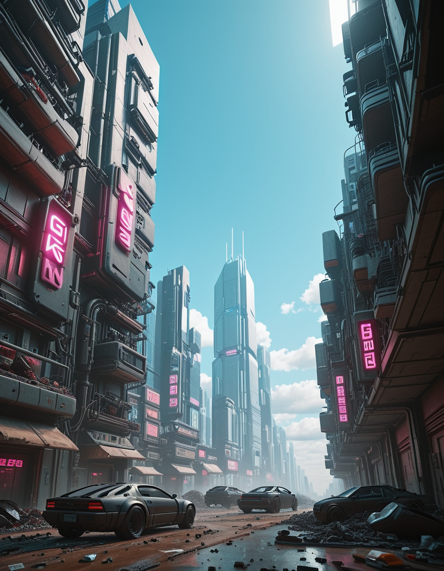 <lora:CWMinis01v2illb:1> cw01mini, cyberpunk, high city buildings, cyberpunk car, person, glow, illuminated, mist, blue sky, clouds, garbage, sand, dirty, neons, day, planet, low angle shot,