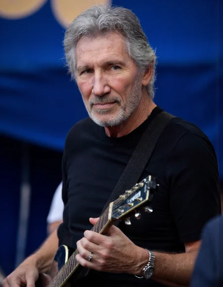 Rembrandt style <lora:ROGER_WATERS:1>, This is a photograph of an older man with grey hair, styled in a casual yet stylish manner, and a well-groomed beard. He is wearing a short-sleeved, plain black t-shirt that fits snugly, and a silver wristwatch on his left wrist. His expression is calm and slightly smiling, with his eyes looking directly at the camera. He is holding an electric guitar, which he is gripping with both hands. The guitar has a sleek, black finish with visible metal components, including the tuning pegs and the bridge. 
The background of the image is slightly blurred, indicating it was taken outdoors, likely at a concert or live performance. The background features a deep blue fabric, possibly a stage curtain, which adds a dramatic contrast to the man's attire. The lighting is natural, suggesting the photo was taken during daylight hours. The overall composition of the image focuses on the man and his guitar, with the background providing a sense of depth and context without distracting from the subject. The textures in the image include the smooth, polished finish of the guitar and the soft, casual fabric of the man's shirt. . Baroque, chiaroscuro, realistic, emotional, "flat lighting