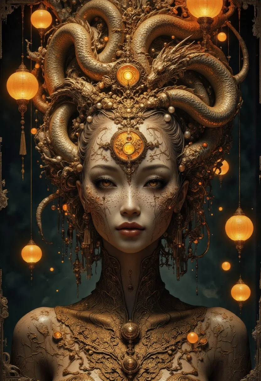 A tight, intimate head-and-shoulder portrait of an Ancient Chinese priestess kneeling in a reverent pose with her hands bound behind her back, her body slightly arched, head tilted upward as if gazing into the camera from below. The camera angle is slightly above her, emphasizing her vulnerable, submissive posture, evoking solemn devotion. Her head is a hollow, featureless piece of carved wood, smoothly rounded with no facial features. In the center, a yin-yang-shaped cutout creates a clean geometric void where her face should be. Inside, a dim golden light glows softly, illuminating the textured wood interior, giving the void a haunting, cavernous depth. She wears a traditional flowing hanfu robe adorned with golden silk embroidery depicting dragons and phoenixes symbolizing divine power. Her head is wrapped in an elaborate golden hairpiece adorned with jade and pearls, symbolizing celestial authority. The wood head is polished with faint carvings that echo the intricate patterns on her attire, enhancing ancient symbolism. The dim, mystical lighting casts delicate rays through the yin-yang-shaped cutout, illuminating her ceremonial attire with a faint golden glow. Dramatic shadows and golden highlights enhance the divine, supernatural atmosphere. The background is dark and minimalistic, with hundreds of floating Kongming lanterns dimly glowing to ensuring the focus remains on her hollow head and the dim golden light.