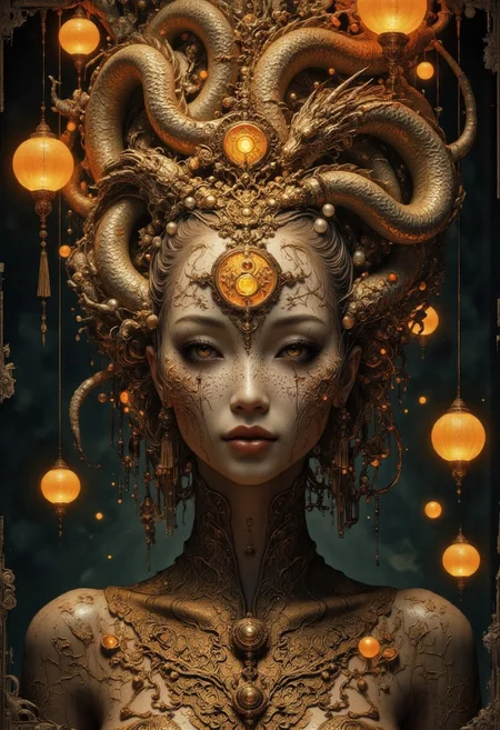 A tight, intimate head-and-shoulder portrait of an Ancient Chinese priestess kneeling in a reverent pose with her hands bound behind her back, her body slightly arched, head tilted upward as if gazing into the camera from below. The camera angle is slightly above her, emphasizing her vulnerable, submissive posture, evoking solemn devotion. Her head is a hollow, featureless piece of carved wood, smoothly rounded with no facial features. In the center, a yin-yang-shaped cutout creates a clean geometric void where her face should be. Inside, a dim golden light glows softly, illuminating the textured wood interior, giving the void a haunting, cavernous depth. She wears a traditional flowing hanfu robe adorned with golden silk embroidery depicting dragons and phoenixes symbolizing divine power. Her head is wrapped in an elaborate golden hairpiece adorned with jade and pearls, symbolizing celestial authority. The wood head is polished with faint carvings that echo the intricate patterns on her attire, enhancing ancient symbolism. The dim, mystical lighting casts delicate rays through the yin-yang-shaped cutout, illuminating her ceremonial attire with a faint golden glow. Dramatic shadows and golden highlights enhance the divine, supernatural atmosphere. The background is dark and minimalistic, with hundreds of floating Kongming lanterns dimly glowing to ensuring the focus remains on her hollow head and the dim golden light.