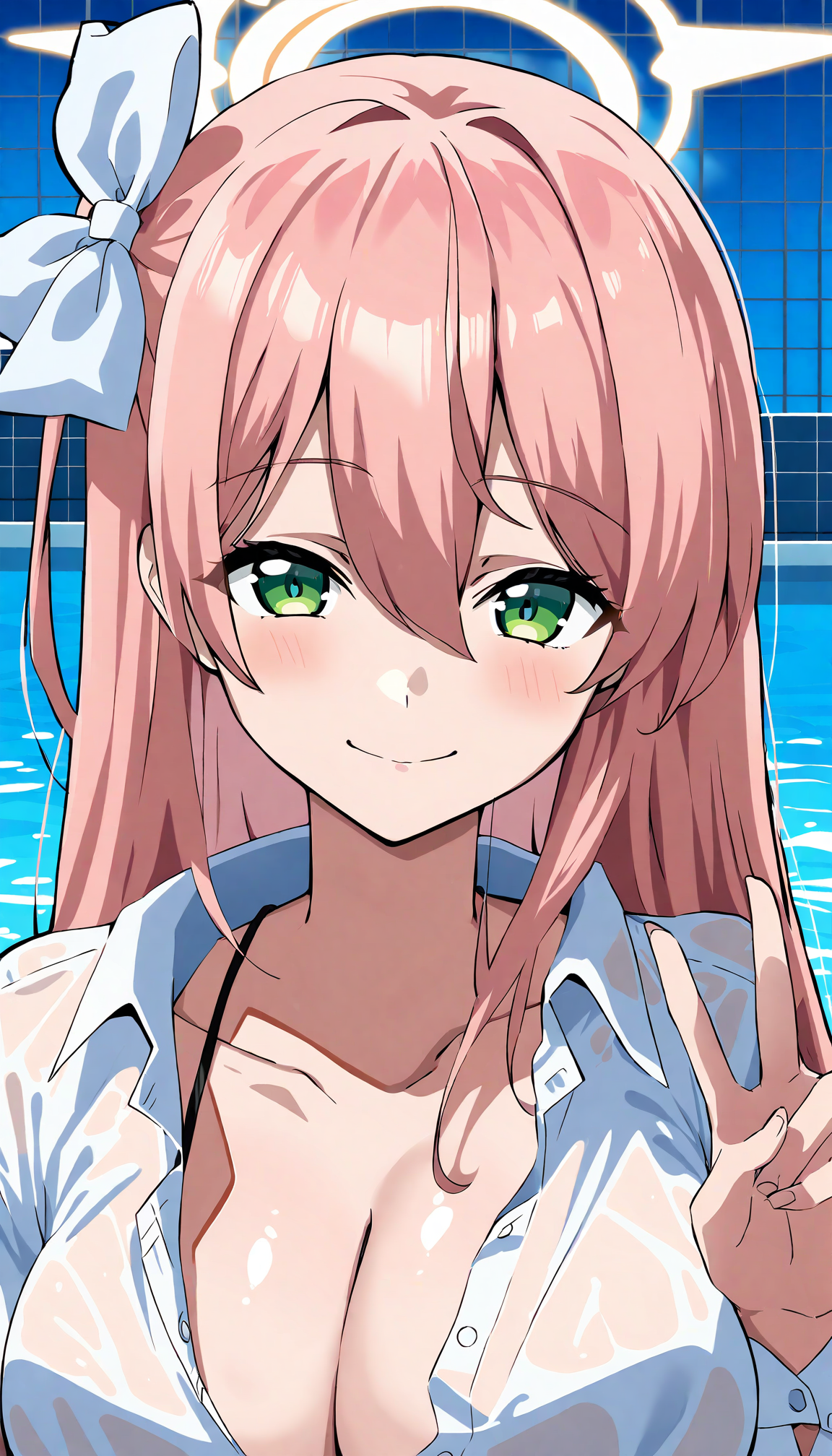 1girl,solo,hanako \(swimsuit\),blue archive,portrait,from front,pool,standing,v,smile,blush,looking at viewer,pink_hair,white hair bow,breasts,cleavage,hair_between_eyes,halo,green_eyes,bangs,white shirt,see-through,masterpiece,best quality,<lora:MadHouseXL-Anime_Style-000006:1>,madhouse-Animestyle,
