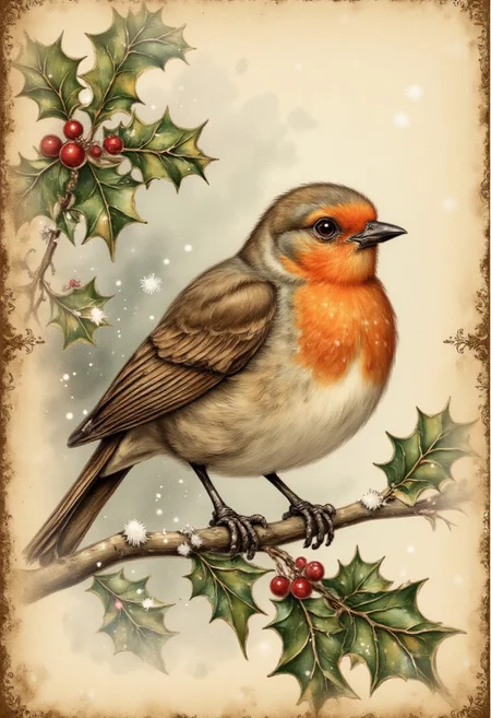 aidmavintagechristmaspaper, a high quality digital image of a red breasted robin perched on a holly branch, a little bit of snow is falling