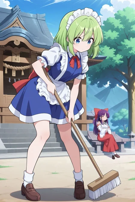 outdoors, dynamic pose, hakurei shrine, day, 2girls, BREAK
absurdres, highres, masterpiece, best quality, amazing quality, official anime artwork, screencap, anime screencap, BREAK
 <lora:Ruukoto_Illustrious:1> ruukoto, 1girl, solo, blue eyes, green hair, medium hair,, maid headdress, neck ribbon , red ribbon, blue dress, frilled sleeves, short sleeves, maid apron, back bow, red bow, holding mop, cleaning floor, looking down, BREAK
 <lora:Reimu-Hakurei-PC98_Illustrious:1> Reimu98, 1girl, solo, closed eyes, purple hair hair, long hair, sidelocks, small breasts,, hair bow, red bow, hair tubes, white tubes, white shirt, attached ribbon-trimmed sleeves, red skirt, long skirt, sitting, crossed legs, crossed arms,
