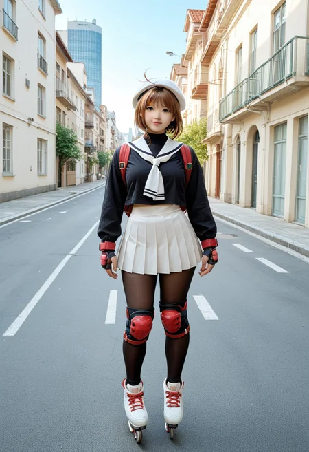 score_9, score_8, score_7, a high detail RAW color professional photo of a 18yo beautiful stunning plump woman posing for a picture, Kinomoto_Sakura, green_eyes, brown_hair, short_hair, antenna_hair, hair_intakes, perfect anatomy wide hips, narrow waist, broad shoulders, beret, white headwear, white_skirt, pleated_skirt, black_shirt, white_sailor_collar, white_neckerchief, long_sleeves, backpack, pantyhose, knee pad,elbow pad,wrist pad, inline skates, oversize clothes pose, standing, outdoors, cityscape, blue sky, soft lighting, 8k, perfect lighting, cinematic lighting, highly detailed eyes, highly detailed pupils, highly detailed face, highly detailed skin texture, highly detailed facial features, highly detailed hair texture, highly detailed body, highly detailed hands and fingers, highly detailed nails, highly detailed background, full-body shot, looking at the viewer, f/2.8, 50mm focal length, ISO 200, photographed on a Canon EOS 90D Camera