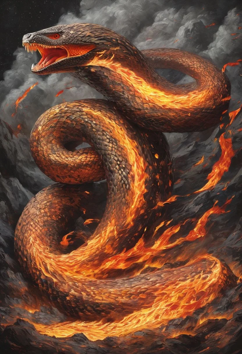 masterpiece, the highest quality, fire element,volcanoes,magma,fire snake, big snake, spewing flames.ash