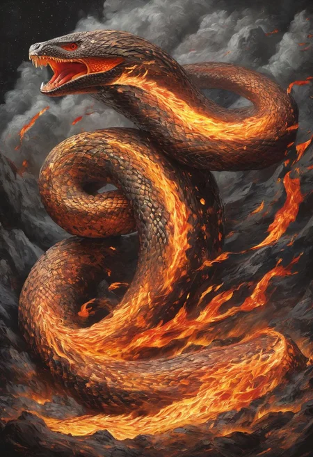 masterpiece, the highest quality, fire element,volcanoes,magma,fire snake, big snake, spewing flames.ash