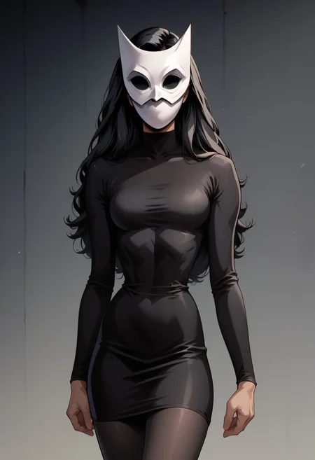 fr0nt1nn0c3ntStyl3, Style: Front Innocent,score, score_9, score_8_up, score_7_up, score_6_up, _5_up, score_4_up, source_anime, (masterpiece), high quality, 4k, Artist style: Bruce Timm, DCAU, DC comics, Western Comics, masked_woman, m4skedw0m4n, BREAK, 1woman, Calendar_Girl, (Page Monroe), long hair, black hair, skintight clothing, long-sleeved dress, black dress, black tights, petite, (white mask), (mask:1.6), (monochromatic outfit), gloves, (black eyes:1.5), (no eyes:1.4)