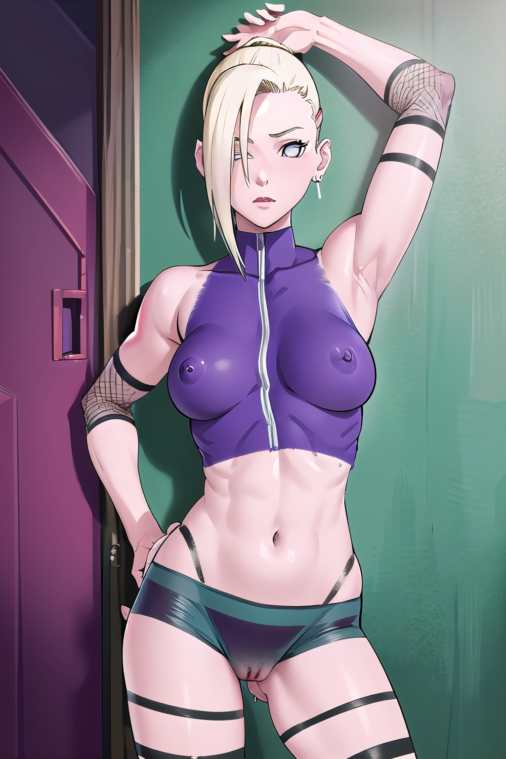 masterpiece, best quality, ultra-high-detailed, 1girl, painted clothes, bodypaint, pussy,  yamanaka ino, hair over one eye, ponytail, hairclip, crop top, sleeveless, fishnets, earrings, midriff, nipples