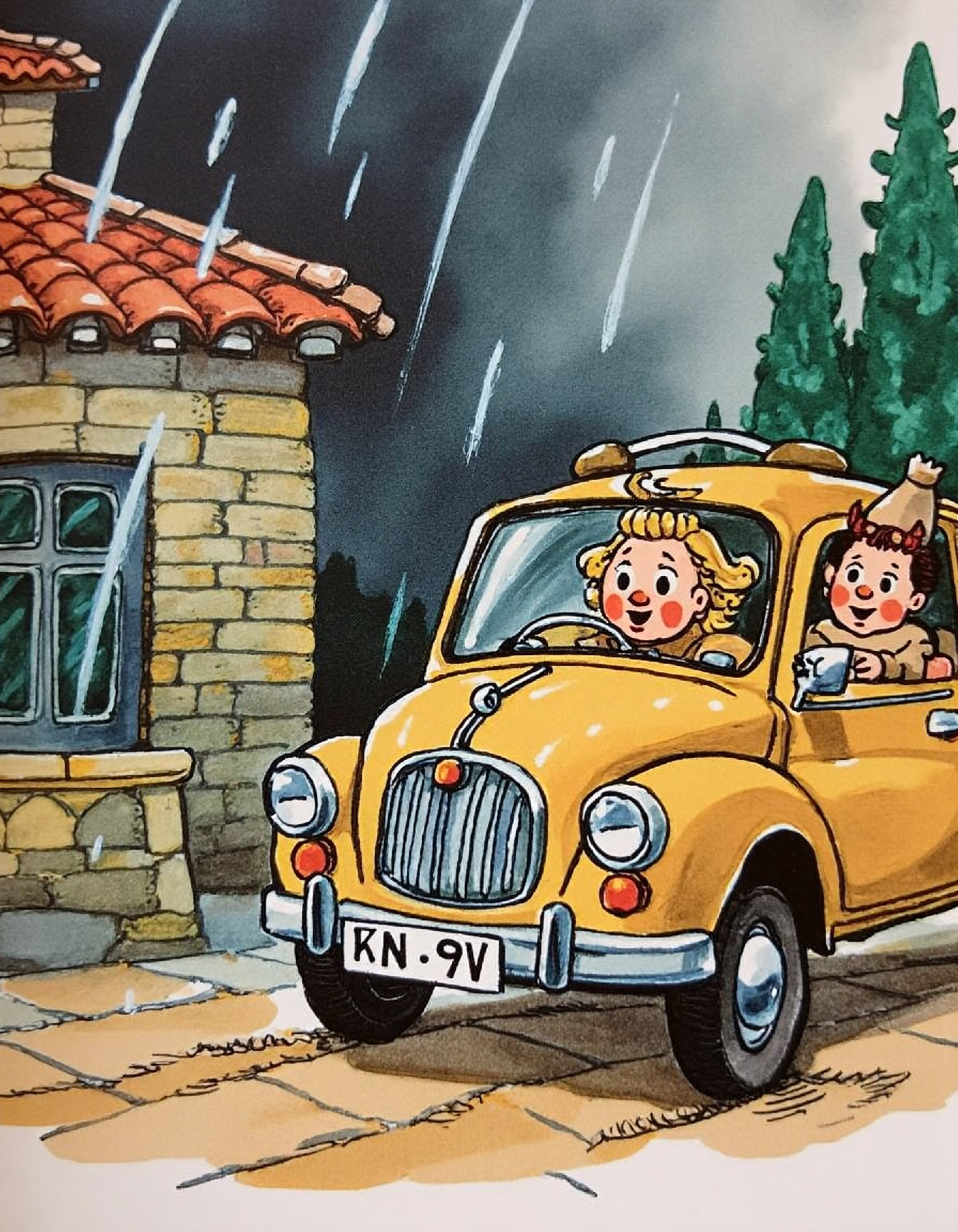 a detailed, hand-drawn illustration in a whimsical, cartoon style, rembrandt style, classic children's storybook illustration. The illustration's colors are vibrant and bold, with a mix of warm and cool tones that enhance the character's lively and friendly appearance. The overall style is reminiscent of classic children's storybook illustrations.
a 70s car standing in front of a villa in rain