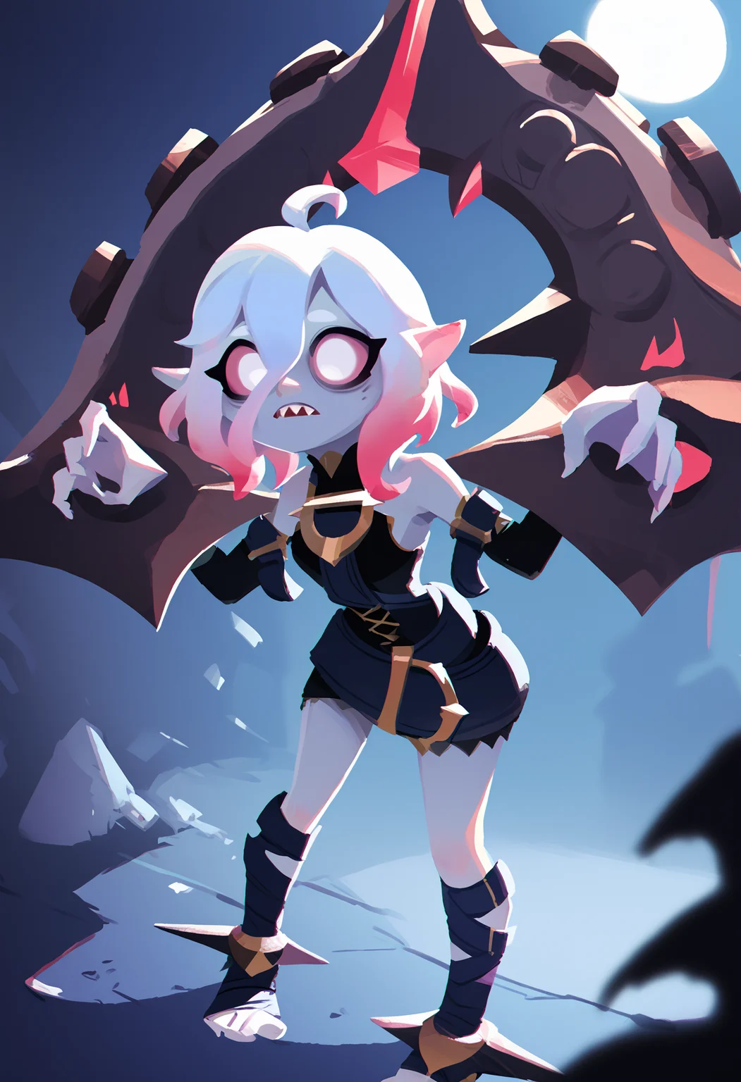 score_9, score_8_up, score_7_up, score_6_up, score_5_up, score_4_up, BREAK,
1girl, briar, white eyes, colored sclera, white hair, gradient hair, short hair, hair between eyes, ahoge, pointy ears, sharp teeth, grey skin,
shackles, bare shoulders,  detached sleeves,
standing, outdoors, night, night sky, dark background    <lora:BriarXL:1>   <lora:SplatoonXLLocon:1>