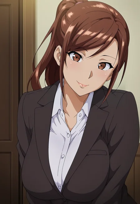 mm,mature female,1girl,solo,brown hair,brown eyes,long hair,ponytail,breasts,anime coloring,
formal,upper body, looking at viewer, smile,indoors
,masterpiece,best quality,amazing quality,<lora:Hisato_Azuma-Himawari_wa_Yoru_ni_Saku_ix:0.8>