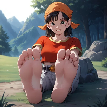 score_9, score_8_up, BREAK, (masterpiece:1.4), (best quality:1.2), solo, perfect anatomy, accurate anatomy, perfect feet, perfect soles, PONYXL_WaifuFeetPics_ownwaifu, 1girl, (pan from dragon ball GT), high quality best quality, (high detail), adorable face, orange bandana, short sleeves red crop top, grey jeans, grey fingerless gloves, stomach exposed, navel, adult woman, mature woman, breasts, sexy pose, self portrait, smile, outdoors, sunlight, shadows, evening lighting, natural lighting, forest, trees, grass, orange sky, sunset, (((sitting, barefoot, foot focus, feet, soles)))