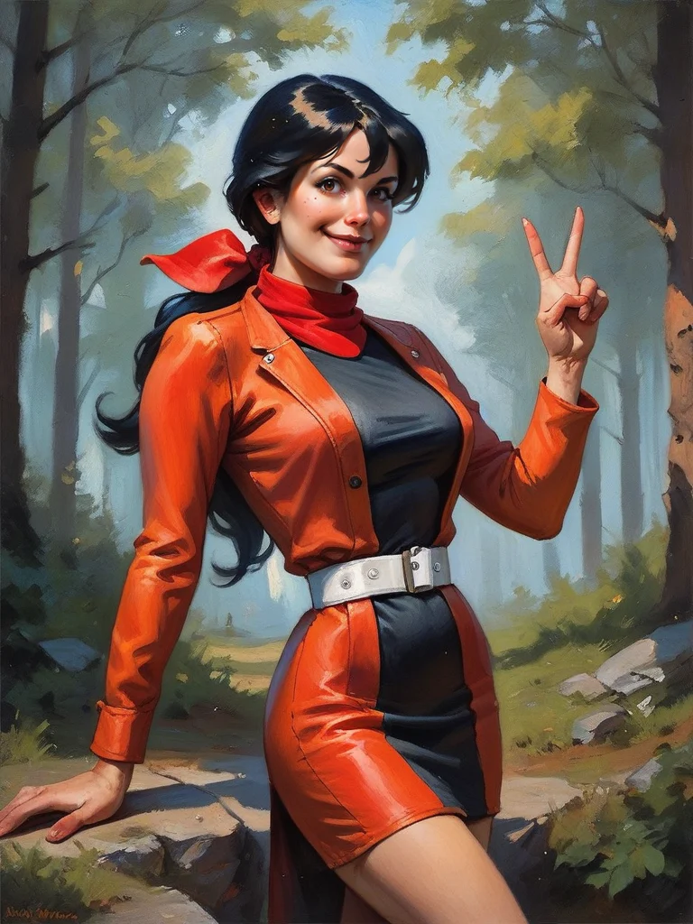 score_9, score_8_up, score_7_up, score_6_up, 1girl, v, dynamic pose, smile, looking at viewer, forest, cowboy shot,
<lora:AlexandraCabot_character-10V2:0.85>, AlexandraXLP, long hair, ponytail, black hair, white lock, red coat, black dress, white waist belt, solo, bandana, cartoon, <lora:Eldritch Oil Style LoRA_Pony XL v6:0.7> oil painting, traditional media, realistic,,